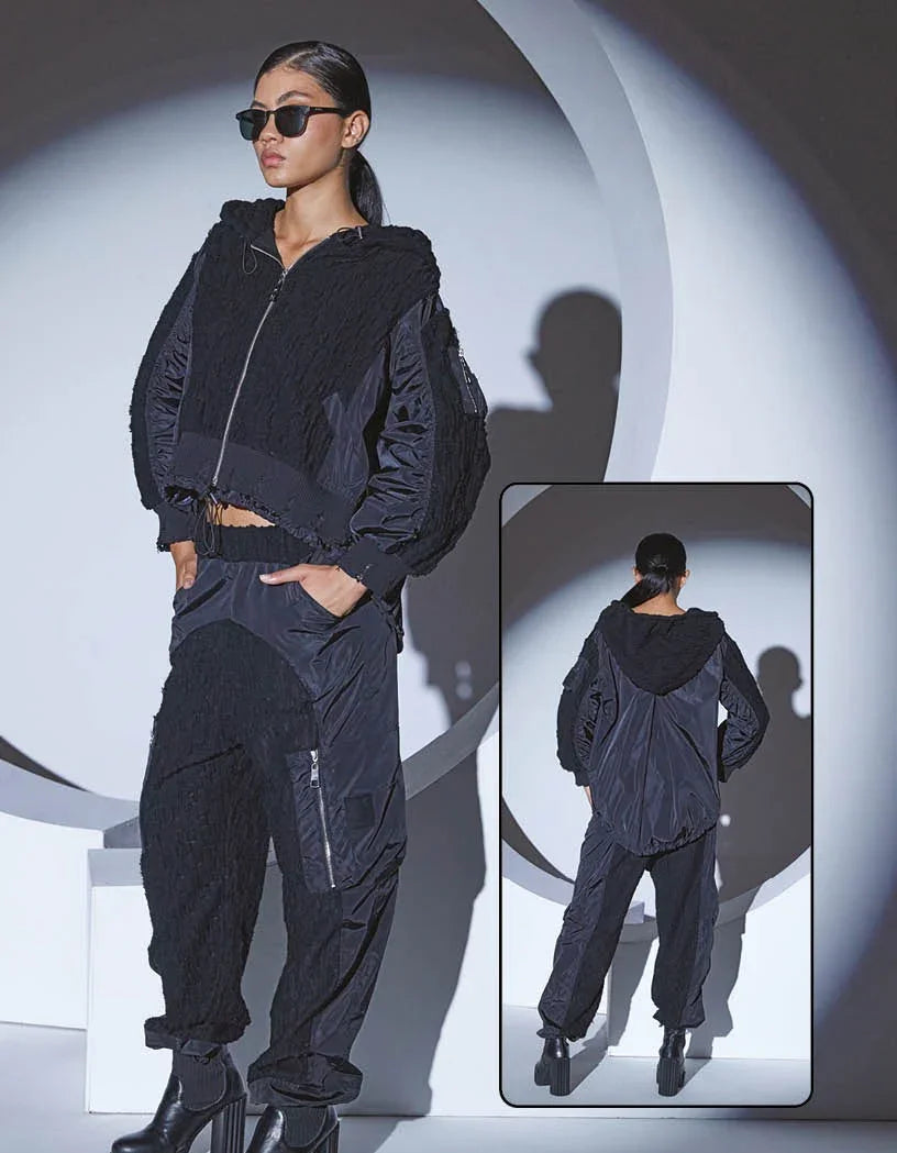 H4 London Women's Black Deconstructed Hooded Bomber Jacket