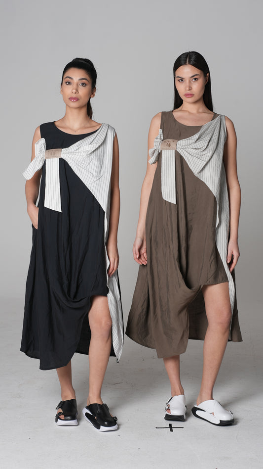 Colour-Block Asymmetric Midi Dress in Black & White and Khaki — H4 London SS26 (front view)