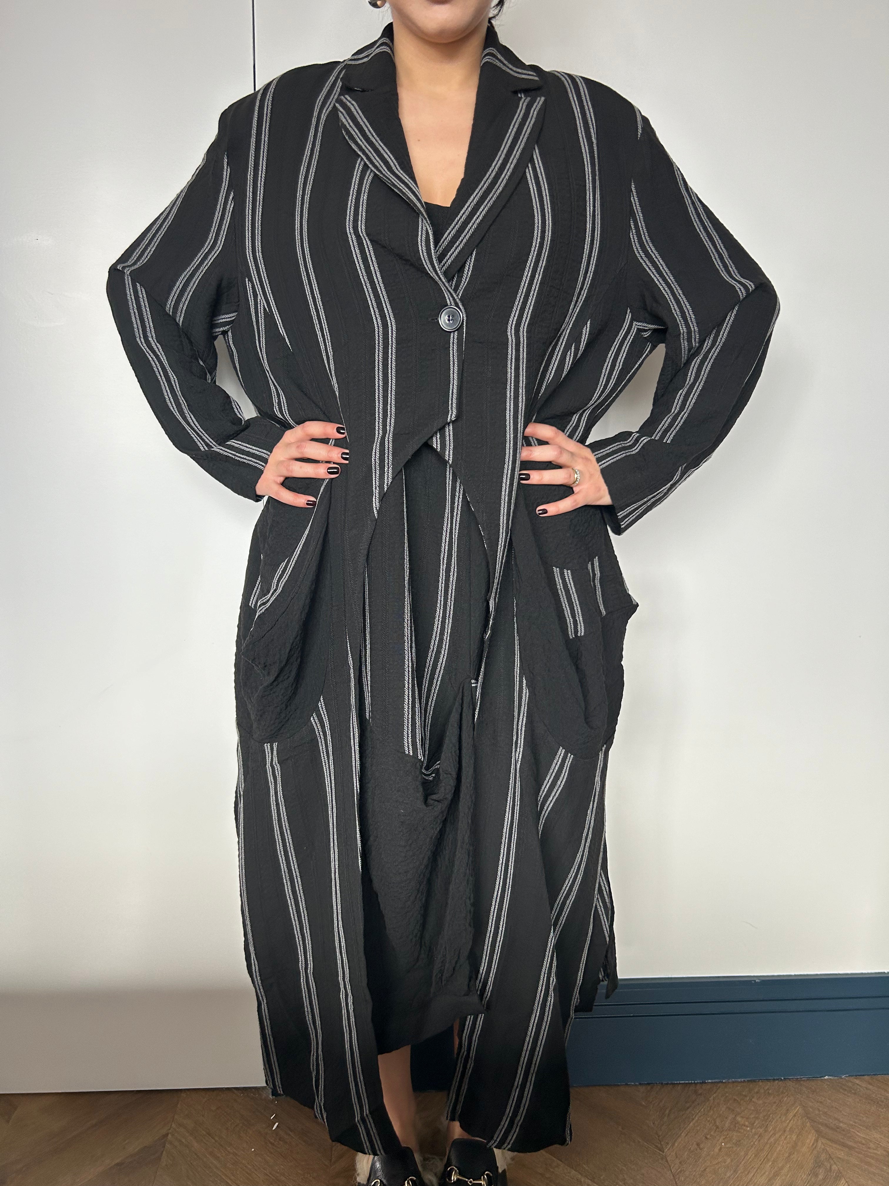 H4 London Women's Black Pinstripe Longline Jacket & Slip Dress Set
